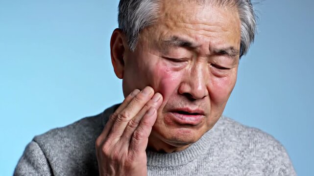 Elderly Asian Man Experiencing Facial Pain and Discomfort with Expressions over Blue