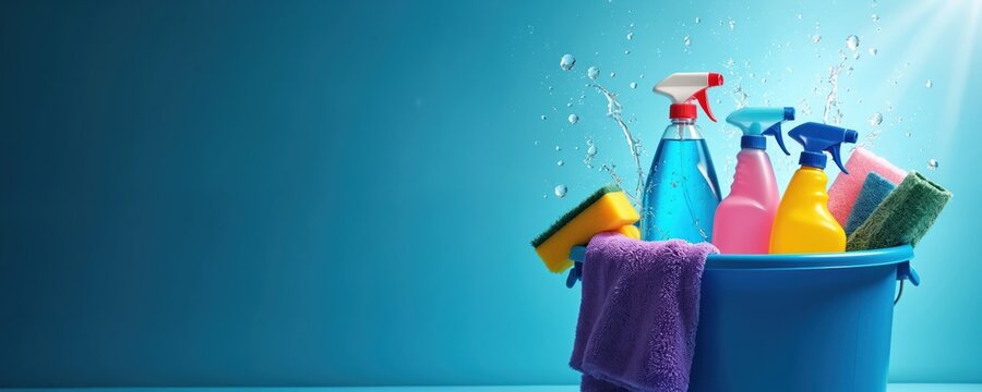 Various cleaning supplies are in a blue bucket with water splashing. Includes spray bottles sponges and cloths for household chores and tidying. - Powered by Adobe