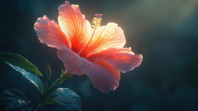 Video A single pink flower with green leaves sits on a dark background, ready for use in various designs and compositions