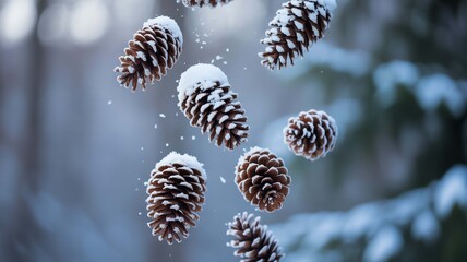 Stunning close up of multiple snow dusted pine cones gently falling through a crisp winter forest background creating a magical seasonal atmosphere