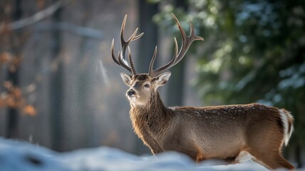 Obraz premium Stunning sika deer with impressive antlers standing majestically in snowy winter forest, breath visible in cold air, perfect for wildlife and holiday projects
