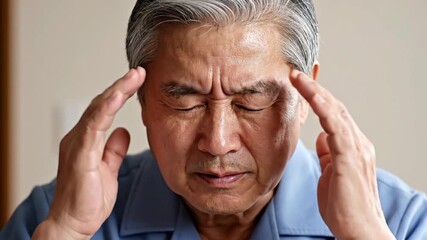 Elderly Asian Man Experiencing Headache and Pressure, Holding Temples with Eyes Closed