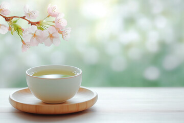Spring Cherry Blossoms with Green Tea on Wooden Table