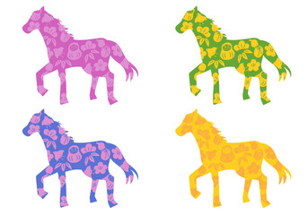 和風のおめでたい模様をあしらった馬のシルエットの4色セットのベクターイラスト