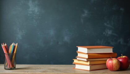 Classroom still life features books apples pencils. Wooden table holds study materials against dark blackboard. Education or back to school concept background for learning new knowledge, fresh ideas.