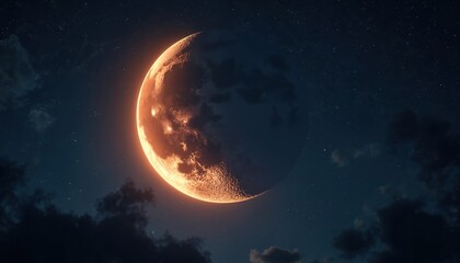 Crescent moon glows with warm light in night sky. Stars, clouds surround lunar surface. Moon surface shows craters, rugged terrain. Dark blue sky with scattered stars, clouds. Moon gentle light