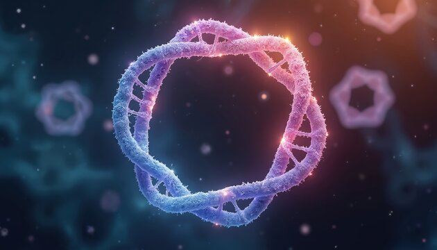 Artistic render of circular plasmid DNA, with vibrant colors. Dark background enhances shape. Illustration shows structure. Concept for genetic engineering. Used in medical, biotech pharmaceutical