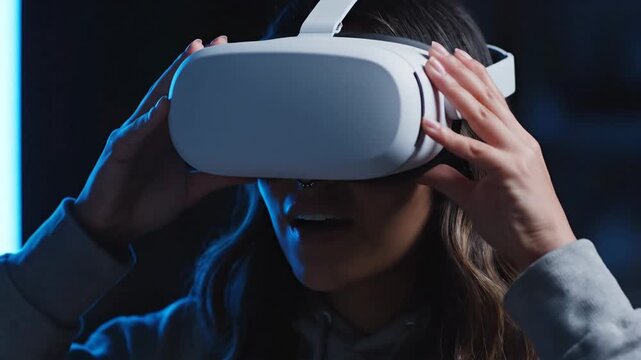 A woman wearing a VR headset and adjusting it with both hands in a dark room with blue lighting.