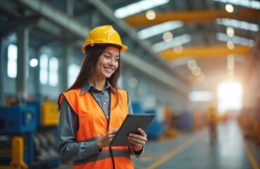 Young smiling female engineer uses tablet to check machines in large industrial factory. Wears hard hat, safety vest, working with tech to control plant operations, monitor production, ensuring