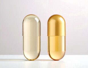 Close-up of two translucent gel capsules, light & shadow, on white