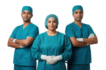 Confident South Asian surgical team ready for complex medical procedures, cutout isolated on transparent background