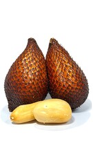 Close-up of two whole and two peeled tropical fruit