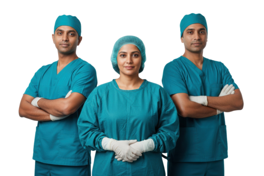 Confident South Asian surgical team ready for complex medical procedures, cutout isolated on transparent background - Powered by Adobe