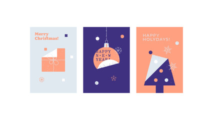 Set of three minimalistic Christmas cards: a gift box, a Christmas toy and a Christmas tree