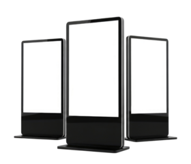 Three tall rectangular digital screens with black bases transparent background cutout png