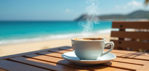 Steaming coffee cup on wooden table at beachside cafe. Beautiful sea view with turquoise ocean, sandy shore. Relaxing morning break during summer vacation, enjoying warm beverage in tropical