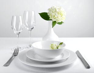Elegant table setting with white dishes, flowers, and stemware