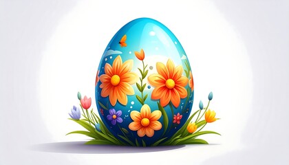 Easter egg design with orange flowers, butterfly, and grass details