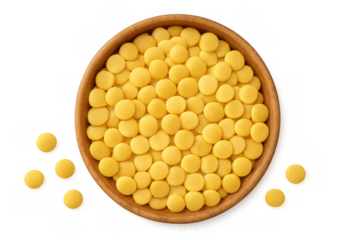 Yellow pills and vitamins in wooden bowl, top view, health care and drug administration, transparent background