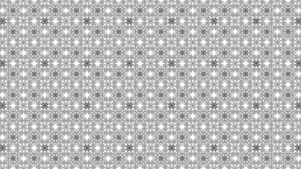 Gray and white floral pattern with star shapes and swirling designs arranged in a repeating grid format