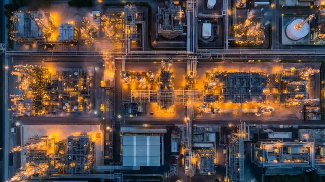 Top-down view of illuminated oil refinery at night