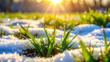Fresh green grass sprouts through melting snow with golden sun rays and bokeh background, symbolizing spring, new life, and hope.