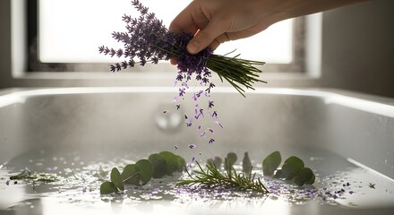Hand Adding Lavender Petals to Spa Bath with Eucalyptus
