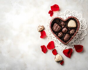 Heart-shaped chocolate box of chocolates for gifts, with blank space for text.