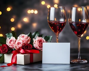 Gift box, two wine glasses and a bouquet of flowers together with a blank card. Gift concept.