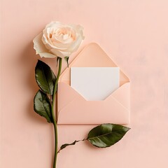 A single pink rose with an envelope and a blank greeting card.