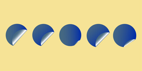 Blank blue round adhesive stickers mock up with curved corner, 3d rendering. Empty circle sticky label . White tags, paper round stickers with peeling corner isolated on Light yellow/ beige background