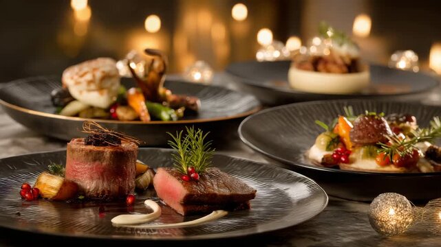 Gourmet plated dishes with festive ambiance