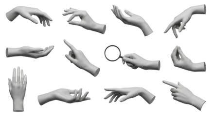 Collection of Sculpted Hands Expressing Gestures and Interactions on Isolated Background