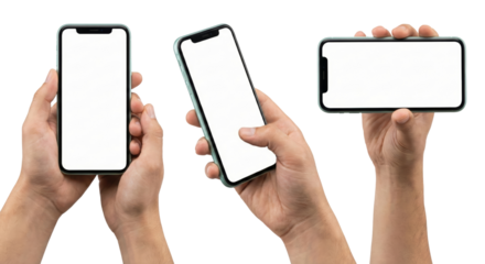 Hands holding smartphone devices with blank screens for application presentation isolated on