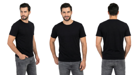 Man displaying a black t-shirt design mockup with front, side, and back views isolated
