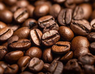 Fototapeta premium Roasted coffee beans close-up showing texture and aroma
