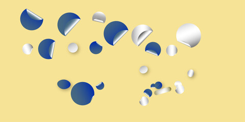 Circle adhesive stickers. White tags, paper round stickers with peeling corner isolated on Light yellow / beige background. Blank blue round stickers with curled corners, realistic mockup .