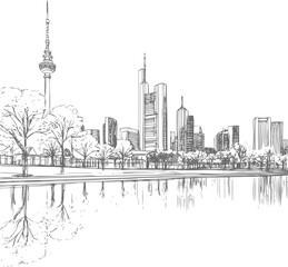 Obraz premium Architectural rendering of a cityscape featuring modern buildings and reflective waterscape