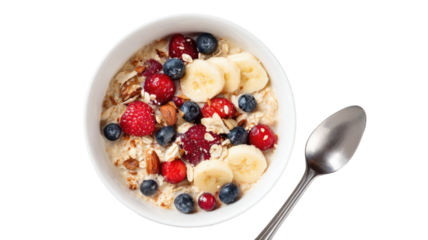 Fresh muesli or cereal with mixed berries, including strawberries and blueberries, served in a bowl with milk for a healthy breakfast and diet