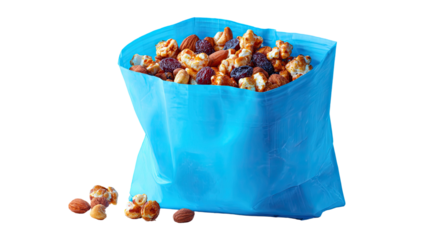 closeup of mixed dry nuts or popcorn in a blue container as a healthy snack ingredient