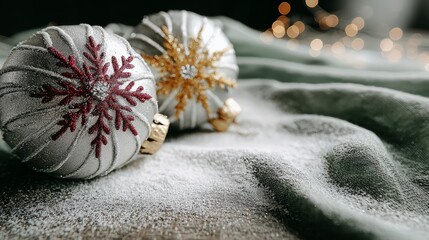 Close up of festive Christmas ornaments with snowflake designs covered in faux snow