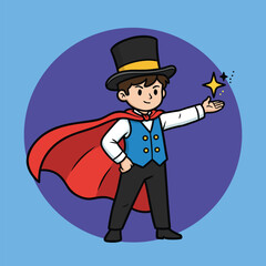 Cartoon magician with cape and top hat performing. © Zetaa