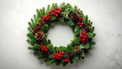 Festive pine wreath with red berries and pinecones on light textured background.