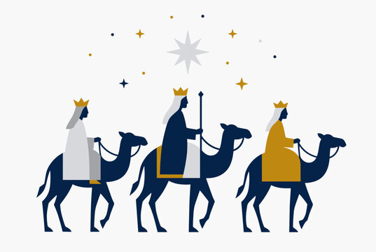 Three Wise Men riding camels following a guiding star, depicting the Epiphany journey.