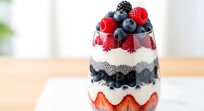 Tall glass filled with layers of yogurt berries and granola for a healthy breakfast