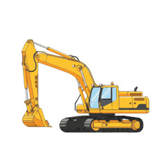 Side view of a yellow hydraulic excavator, a powerful piece of heavy construction machinery used for digging and earthmoving, isolated illustration