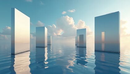 Rectangular metallic structures rise from calm blue water under bright sky with soft clouds. Reflective surfaces mirror sky, ocean, creating abstract, serene, modern composition. Scene suggests