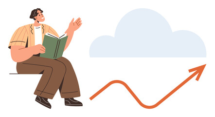 Man reading a book, looking inspired. Growth arrow rises beside a cloud, symbolizing learning, development, motivation, growth, success progress and discovery. Ideal for education growth