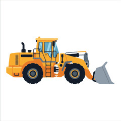 Side profile of a yellow front-end loader, a powerful piece of heavy construction equipment for earthmoving, isolated vector illustration