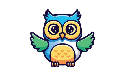 Naklejka premium Cartoon Owl with Big Eyes and Colorful Feathers Illustration.